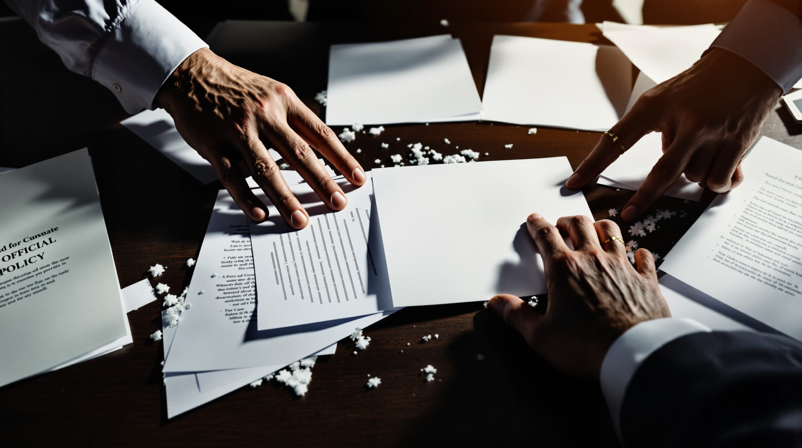 Business hands reaching for scattered documents on desk, some pushing papers away, showing workplace disagreement