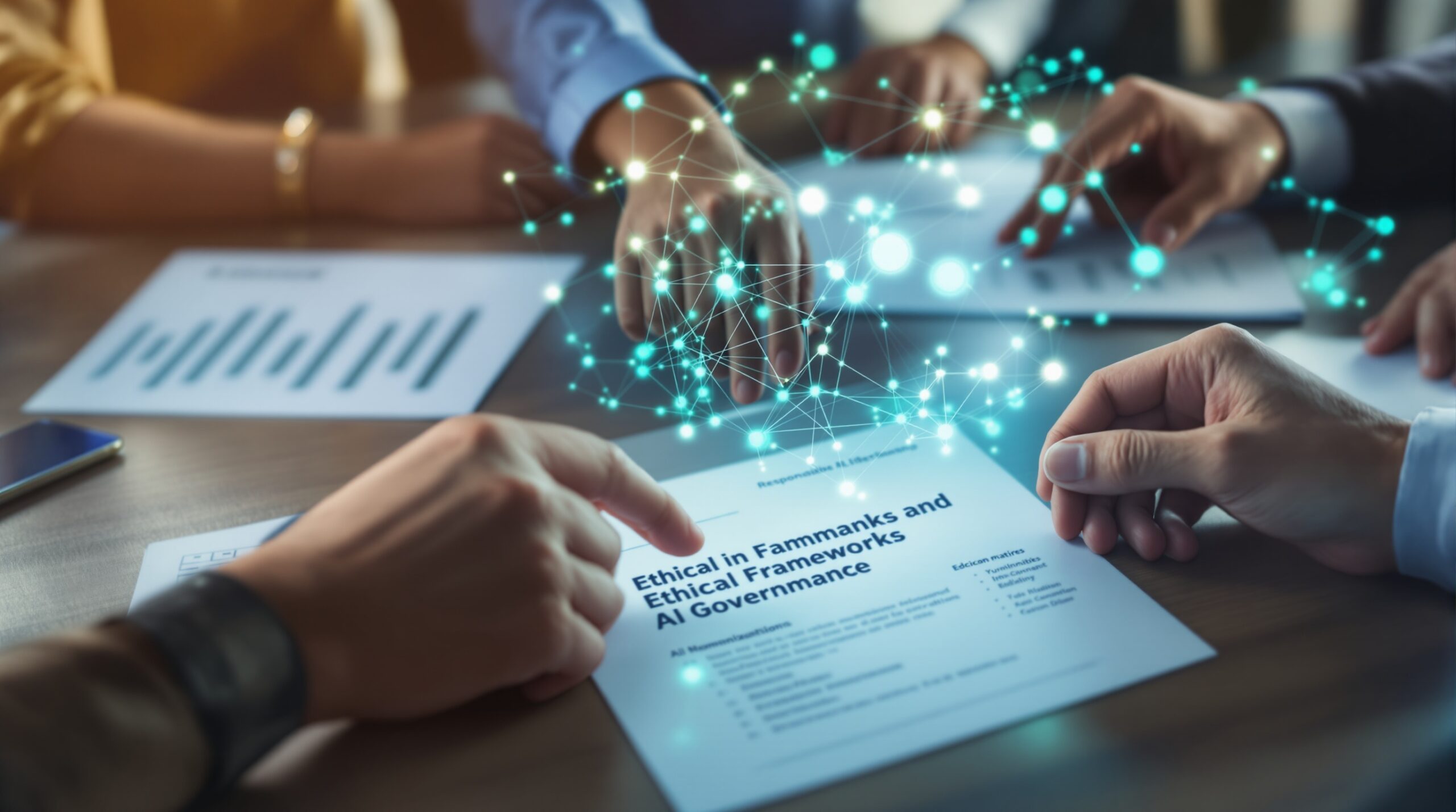 Diverse hands collaborating over AI ethics documents with holographic nodes, showing leadership in responsible innovation
