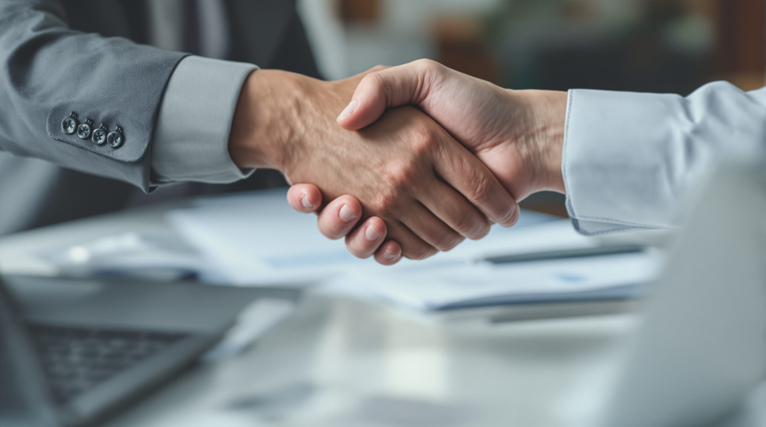 Two business professionals hesitating during handshake, showing uncertainty in ethical decision-making moment