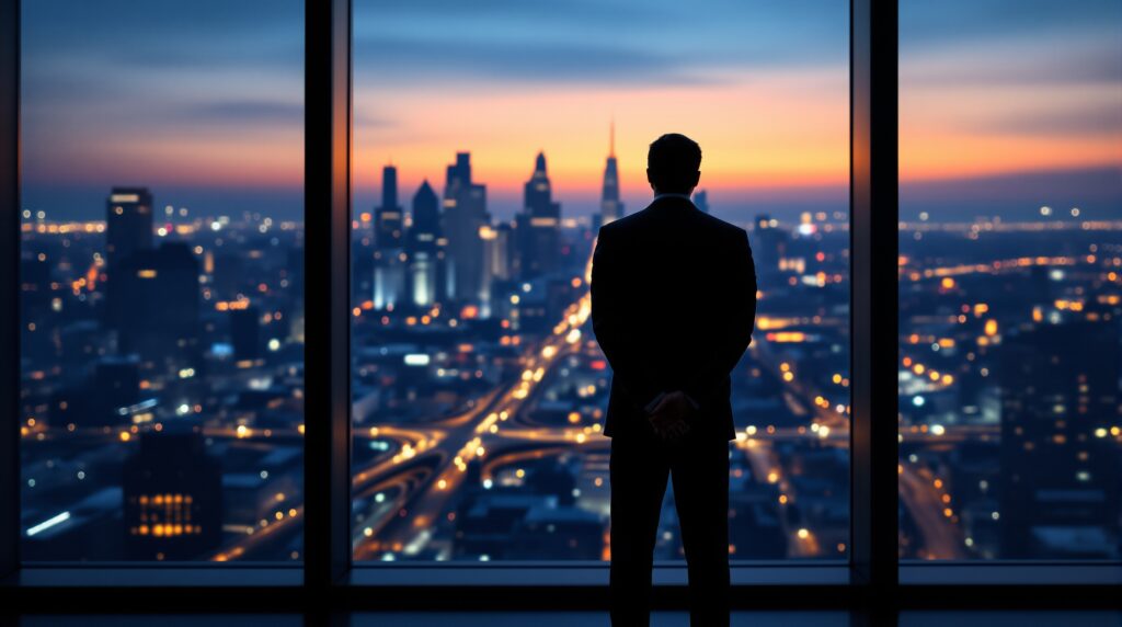 Business executive silhouetted at office windows overlooking city at twilight, contemplating ethical decisions alone