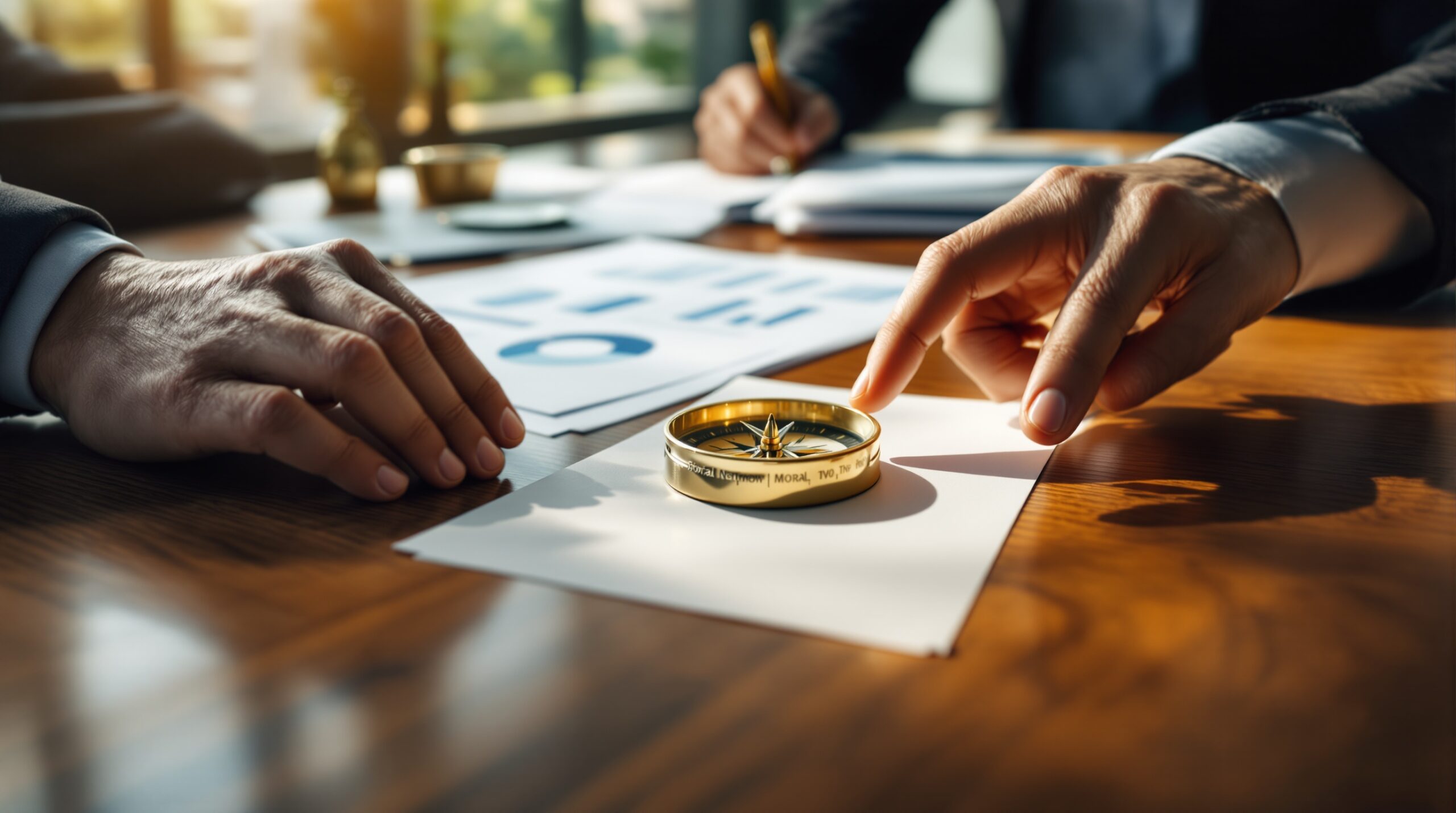 Hands reaching for golden compass on boardroom table with business documents, symbolizing ethical decision-making