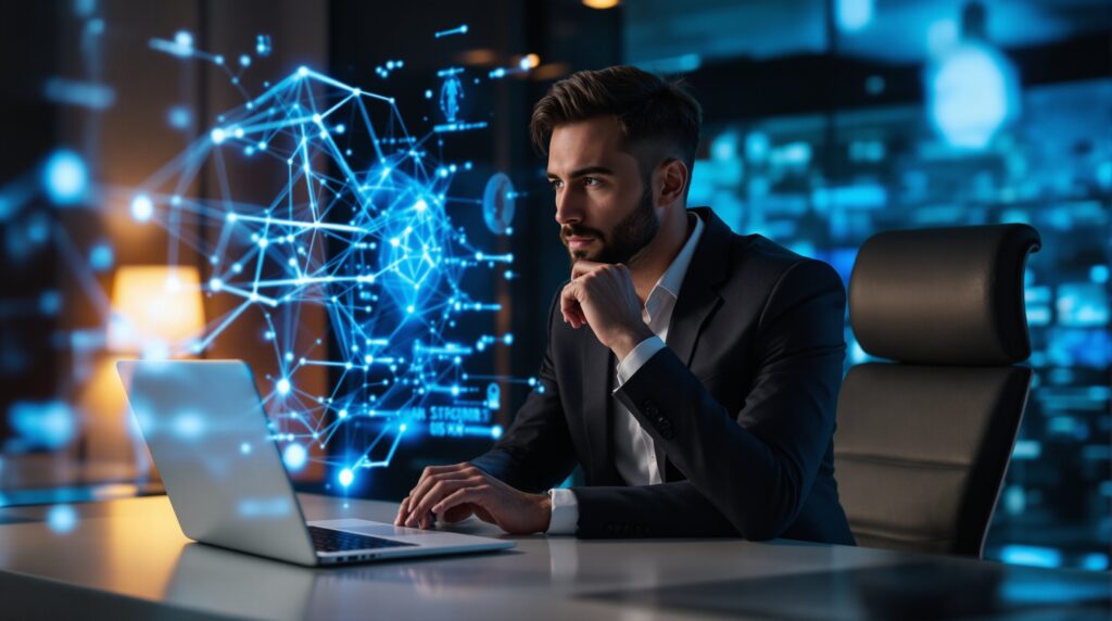 Business executive interacting with holographic AI interface displaying neural networks at modern desk