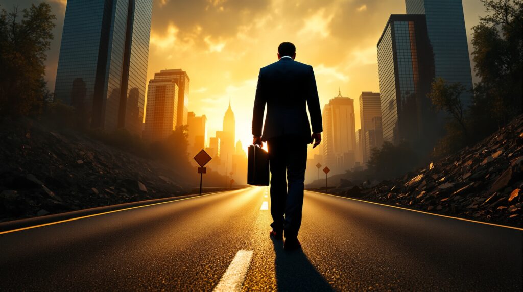Business executive at crossroads choosing between bright corporate cityscape and dark shadowy path, symbolizing ethics