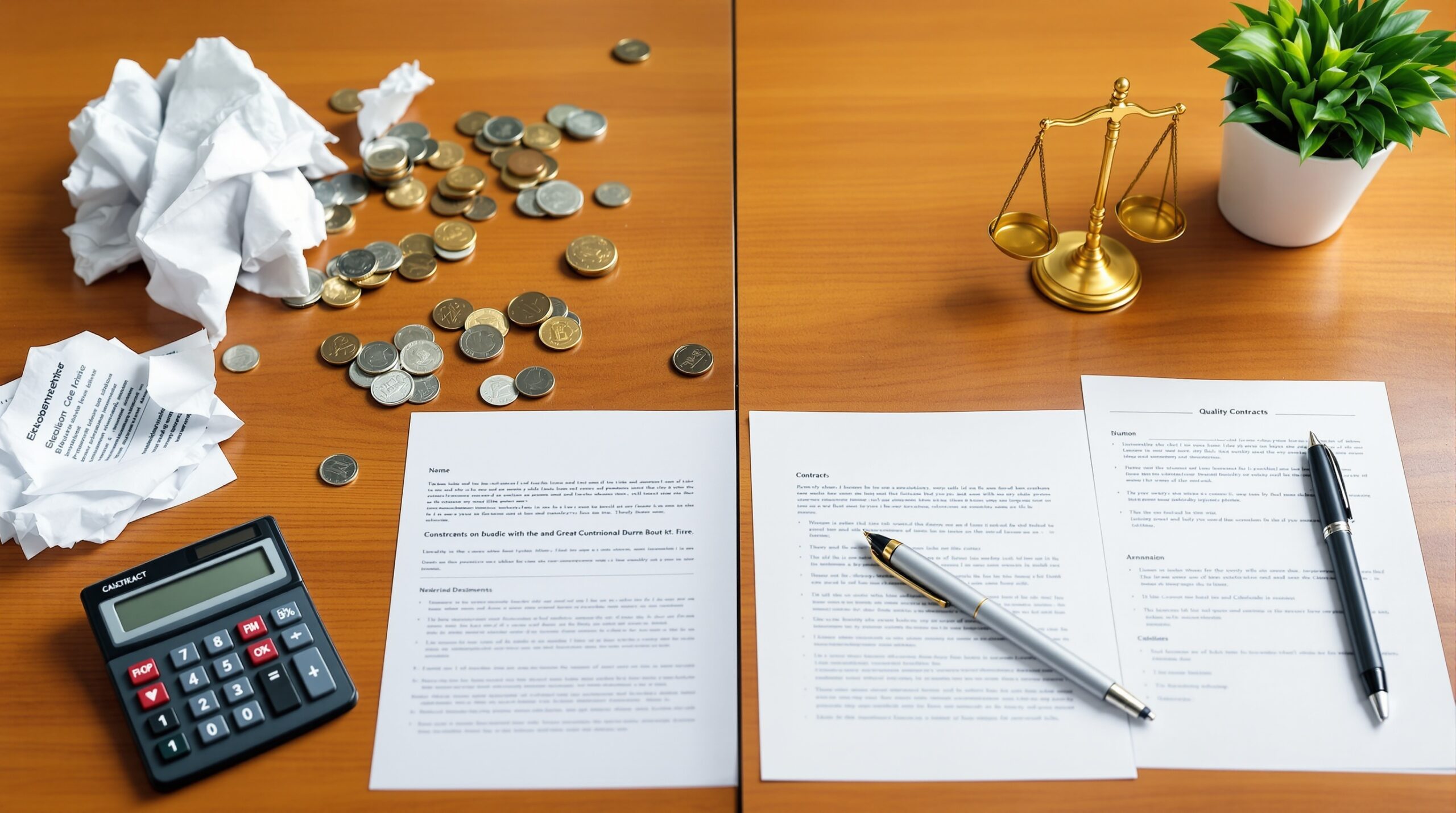 Boardroom table showing contrast between ethical business practices with organized documents and unethical shortcuts