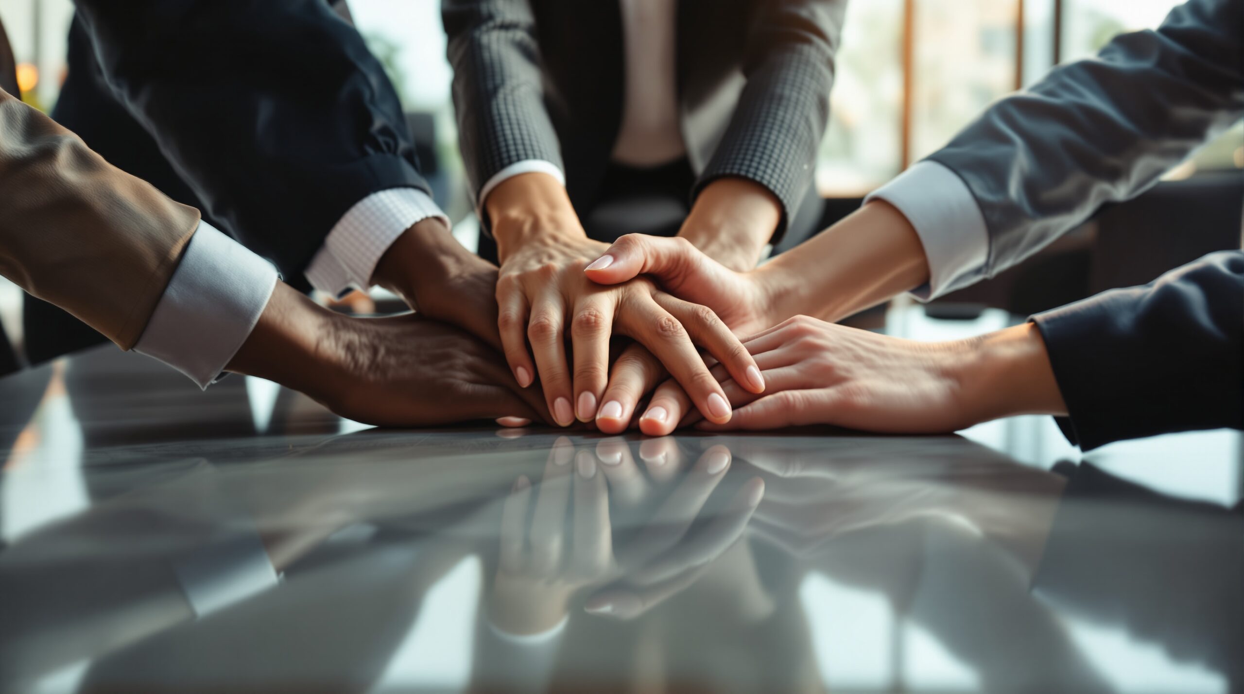 Diverse hands joining together around conference table symbolizing ethical leadership and inclusive collaboration