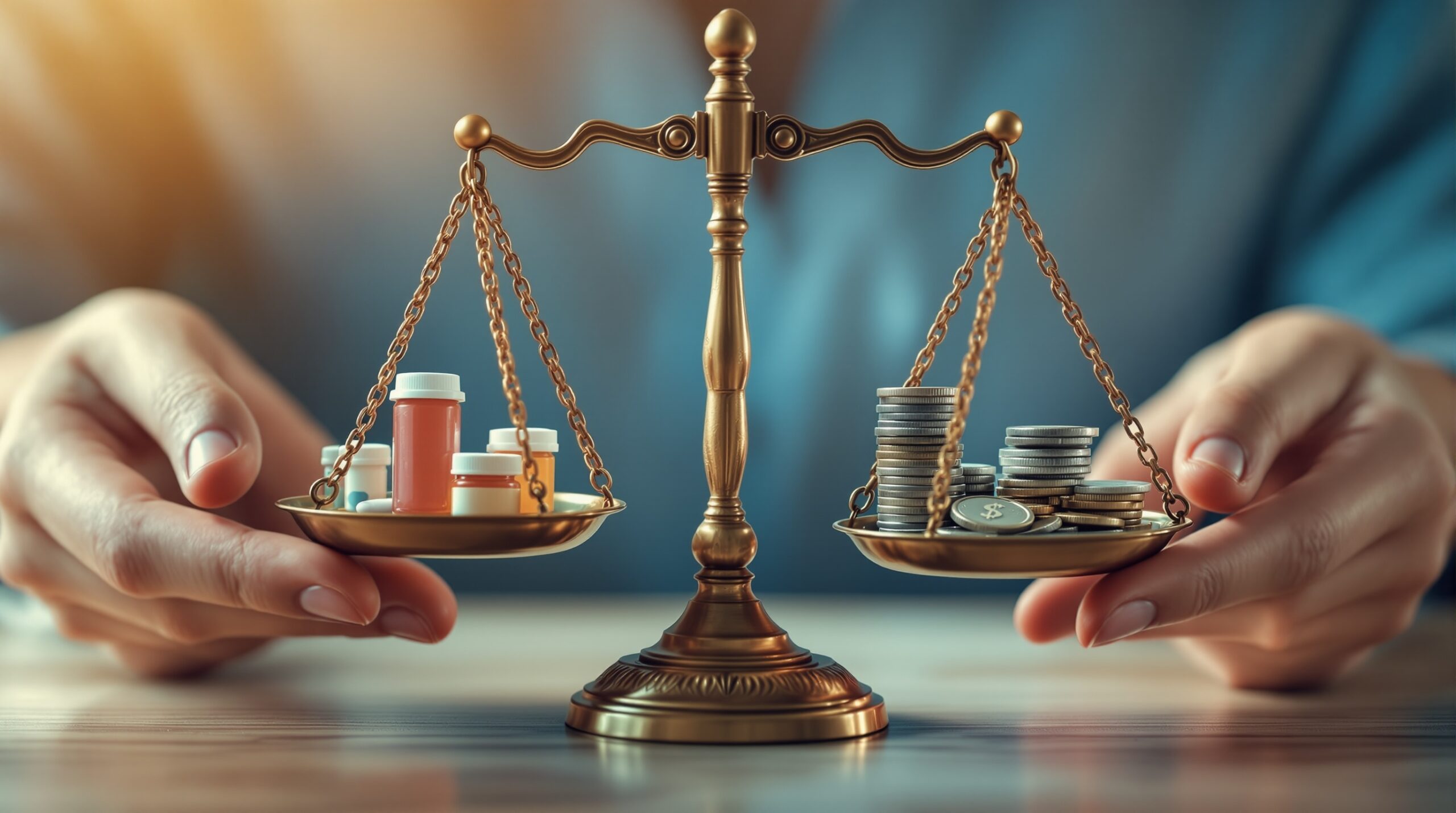 Hands holding brass balance scale with medical instruments on one side and coins on other, representing healthcare budget ethics