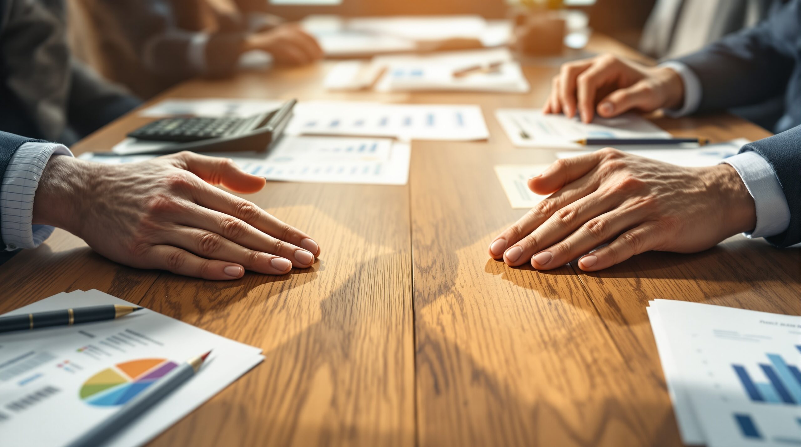 Hands over conference table choosing between financial charts and compass, representing quarterly goals vs values-based leadership