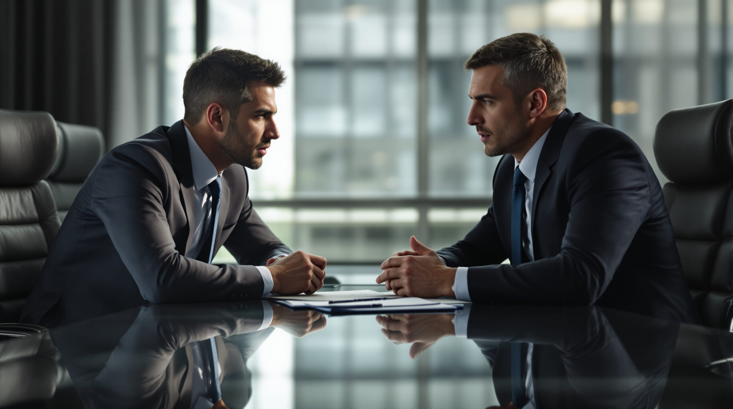 Two business professionals in intense ethical workplace conversation across conference table, one leaning forward assertively