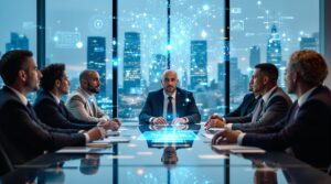 Business professionals in boardroom looking confused at holographic AI neural networks and ethics decision trees above table