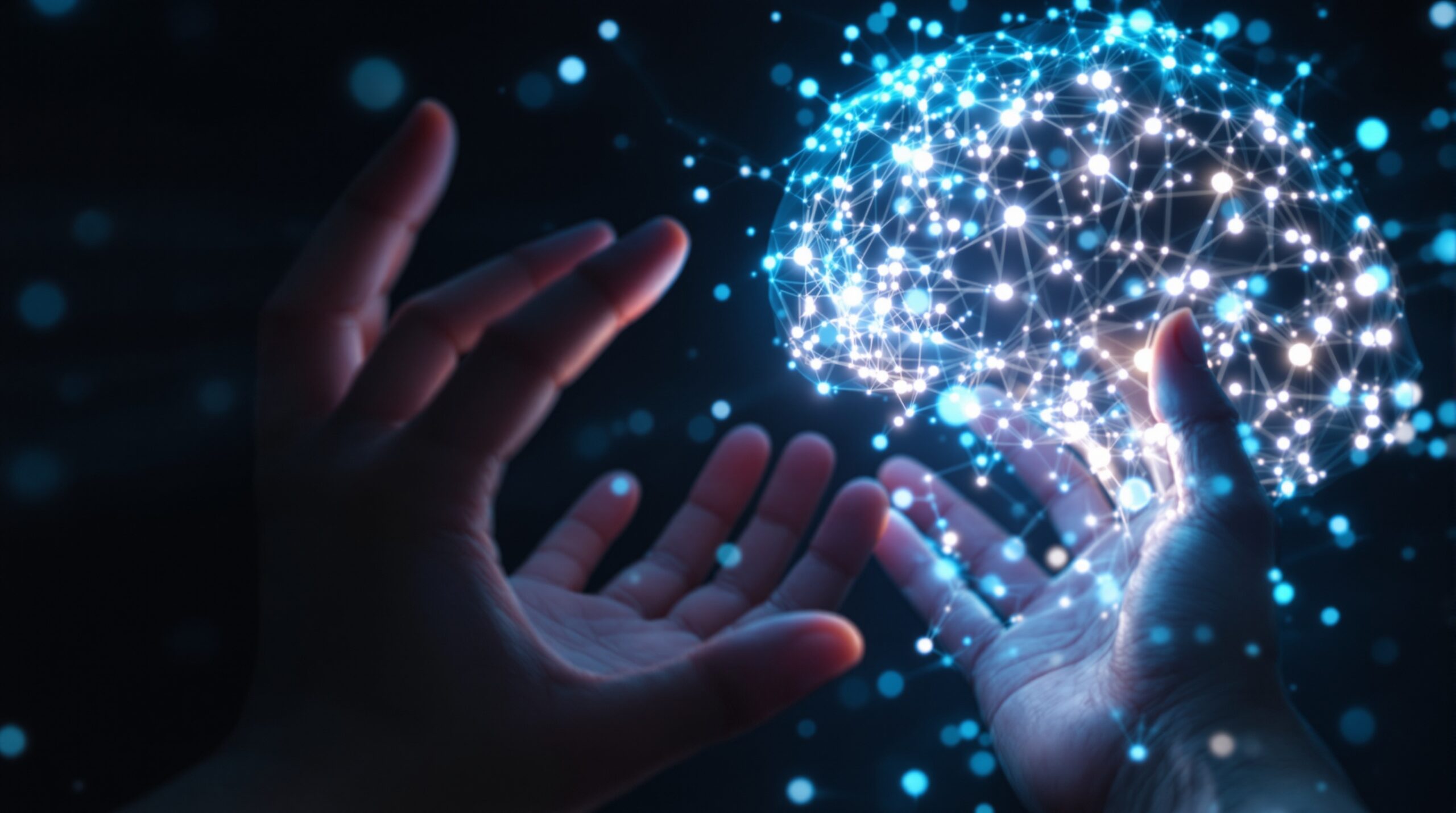 Human hands hesitantly reaching toward glowing AI brain with neural pathways, representing AI ethics implementation challenges