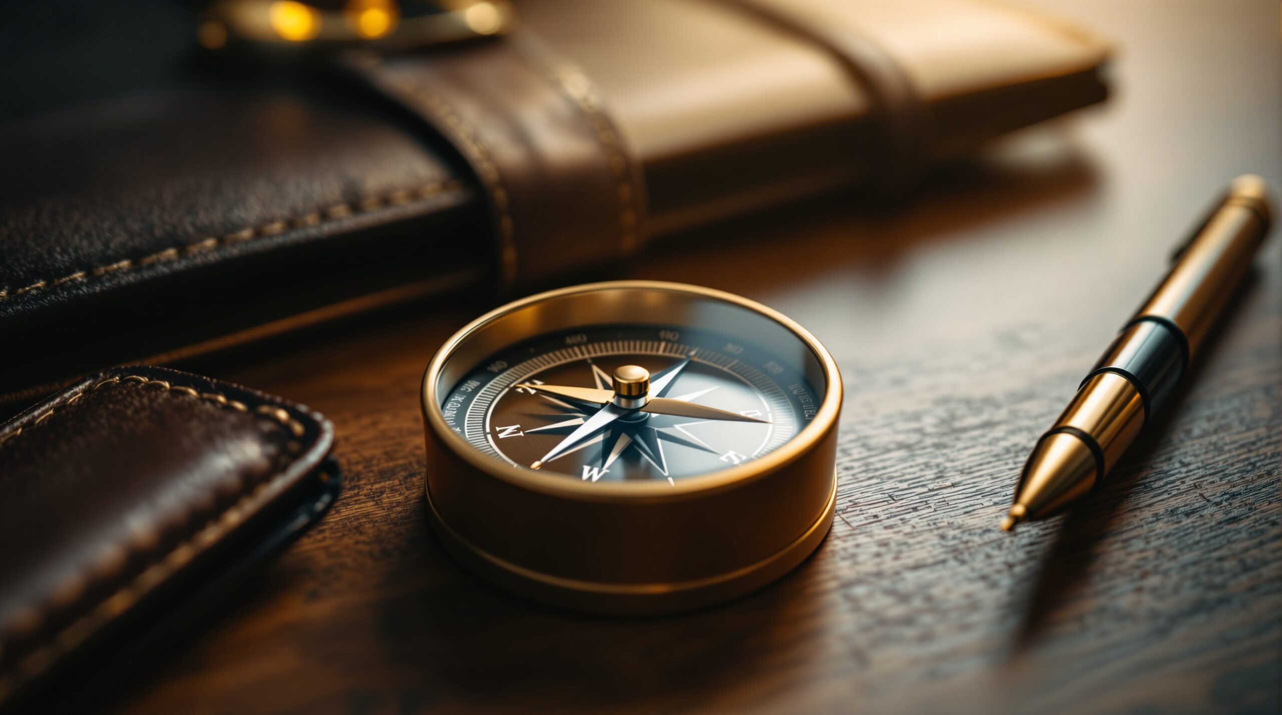 Compass pointing north on wooden desk with business portfolio, symbolizing ethical leadership and moral direction