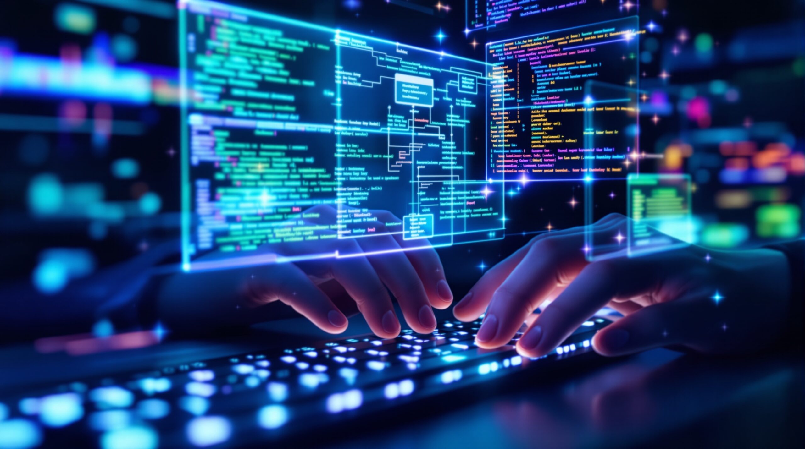 Hands typing on mechanical keyboard with holographic AI code displays floating above in blue and green light