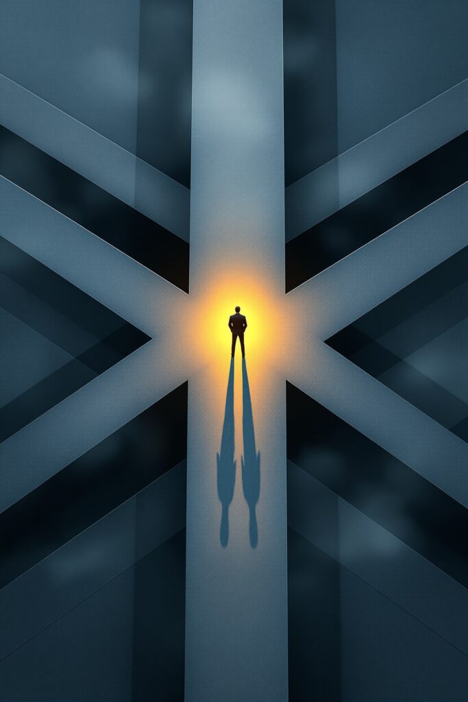 A solitary business figure stands at the center of a crossroads, illuminated by golden light against a backdrop of converging steel-blue pathways, symbolizing ethical decision points in leadership.