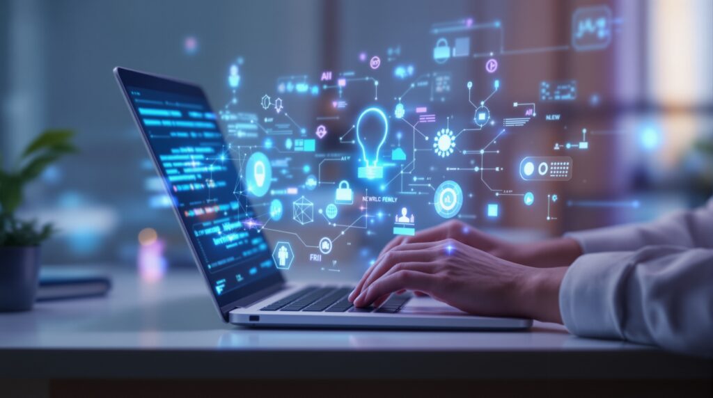 Person at laptop with holographic AI interfaces and neural networks, representing digital AI prompting course learning