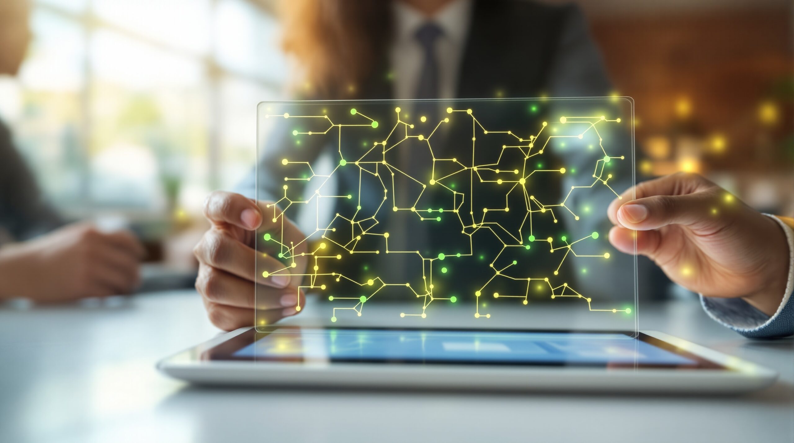 Diverse hands holding tablet showing ethical decision flowcharts in classroom setting for AI prompting course selection