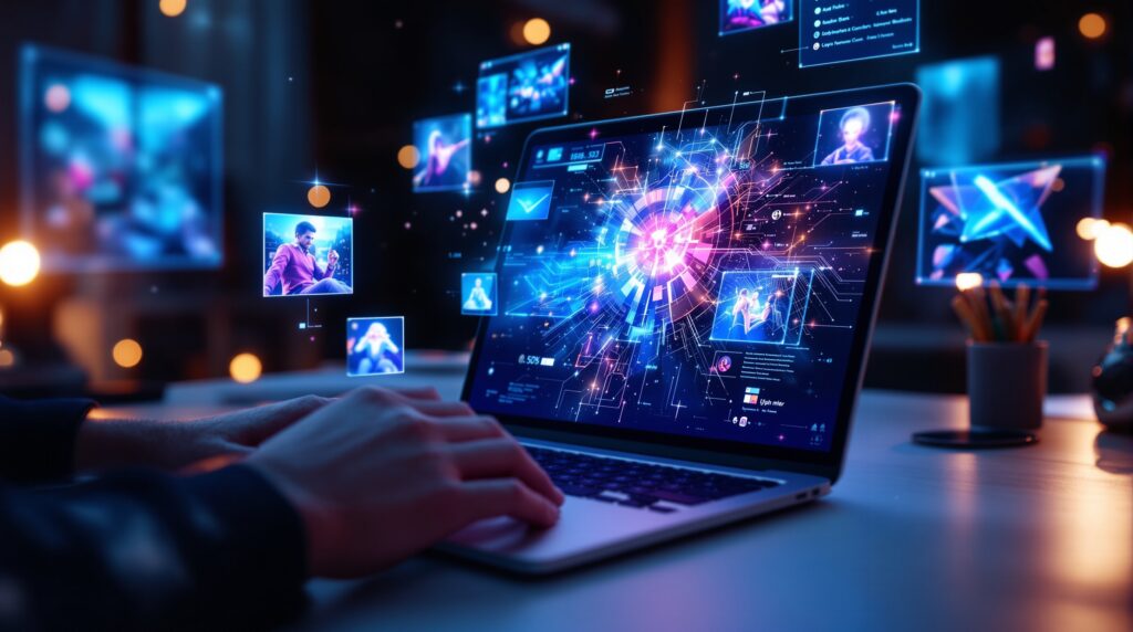 Modern workspace with laptop showing AI-generated artwork, surrounded by floating digital interfaces and holographic elements