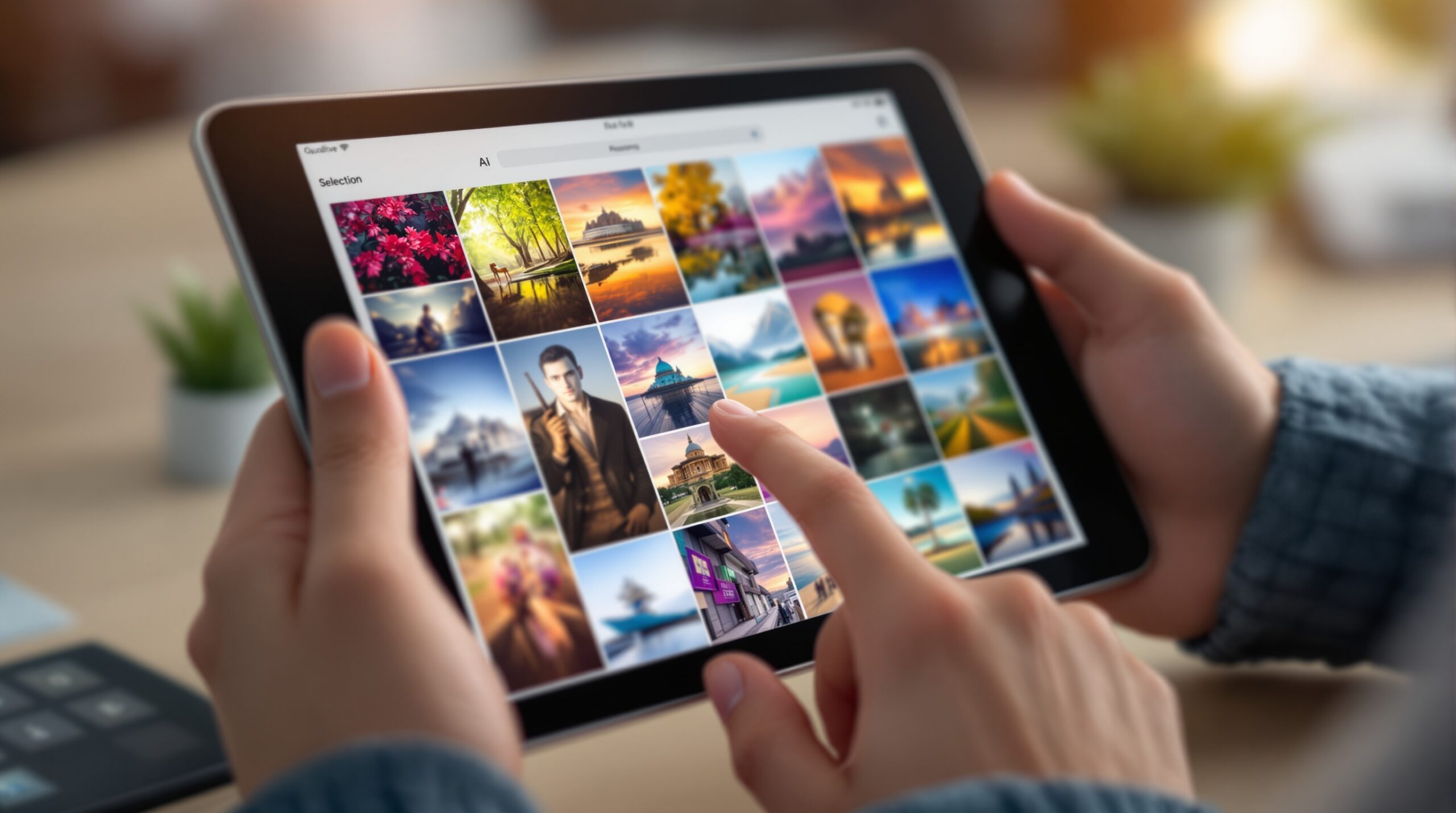 Hands holding tablet displaying grid of diverse AI-generated images, finger hovering to select from various artistic styles