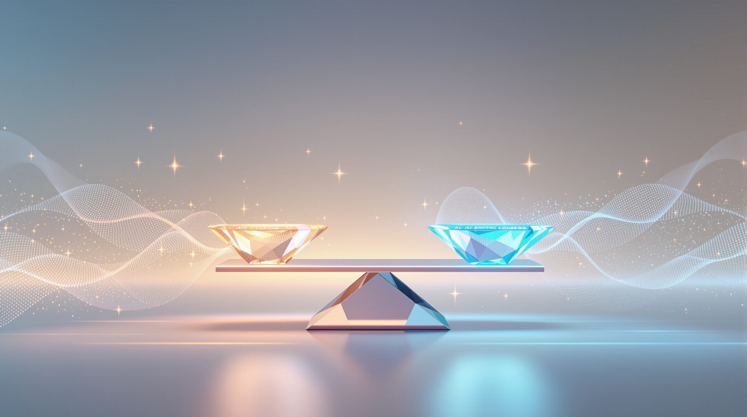 Digital scales balancing golden ethical considerations against blue AI output efficiency with flowing data streams