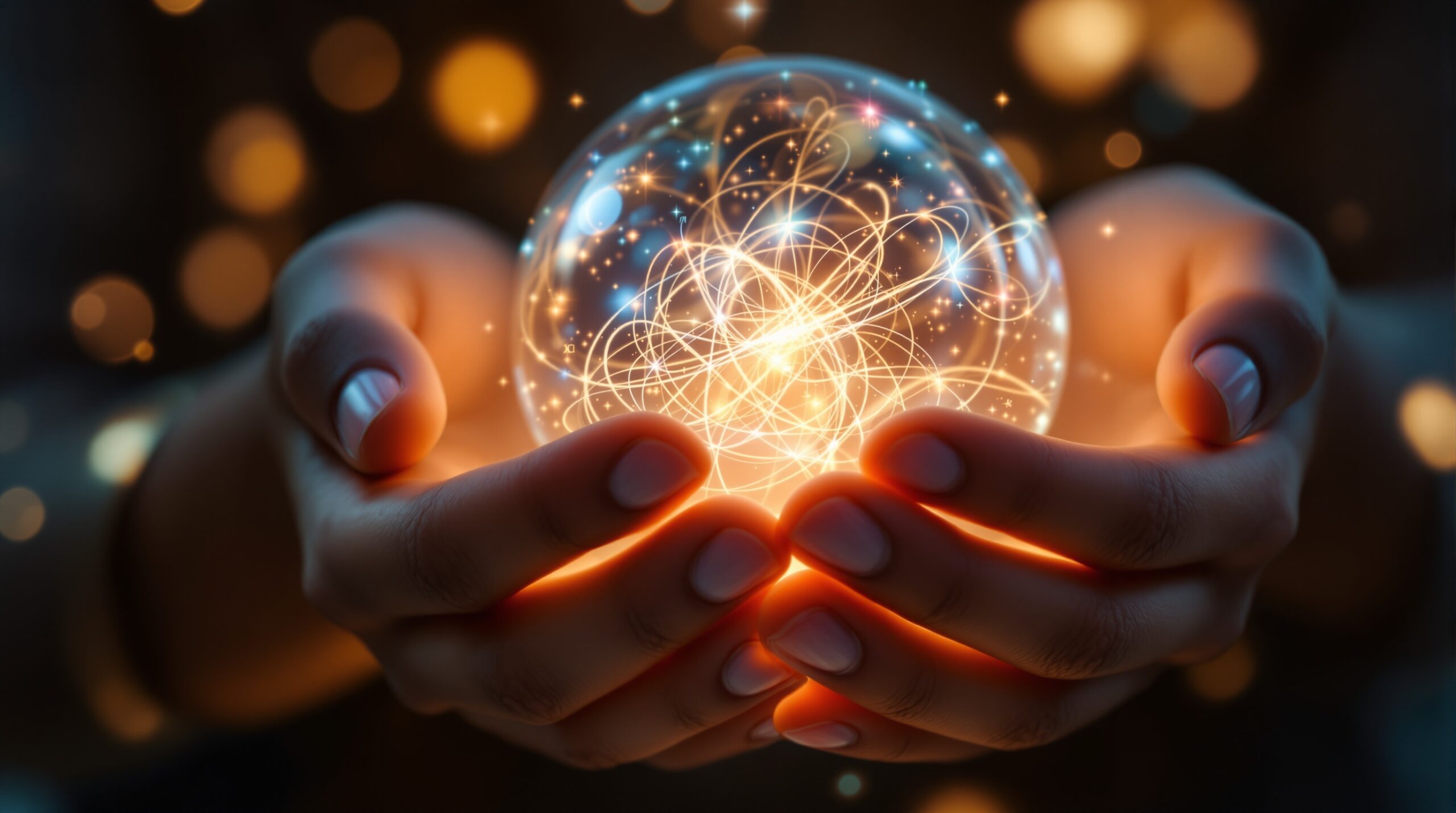 Diverse hands protectively cupping a glowing orb containing AI neural pathways and data streams, symbolizing ethical AI oversight