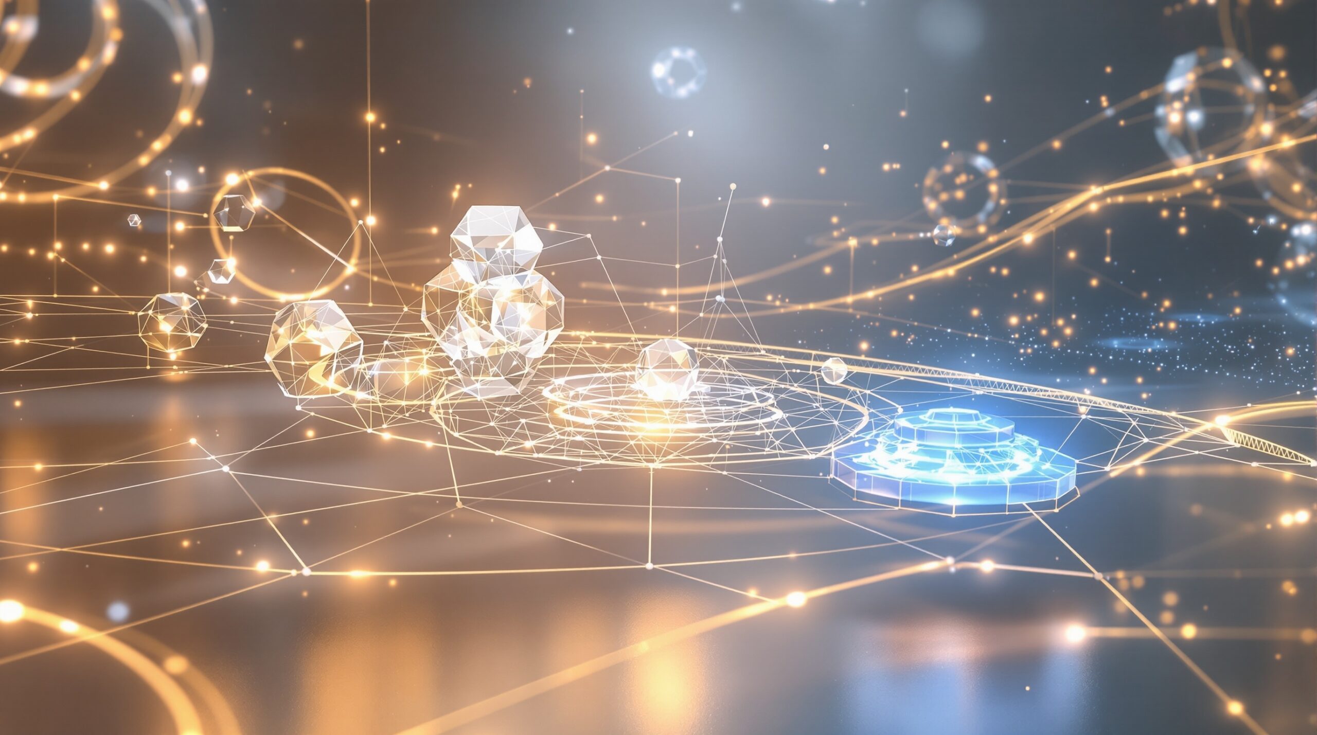 Elegant geometric AI framework visualization with interconnected crystalline structures and flowing data streams