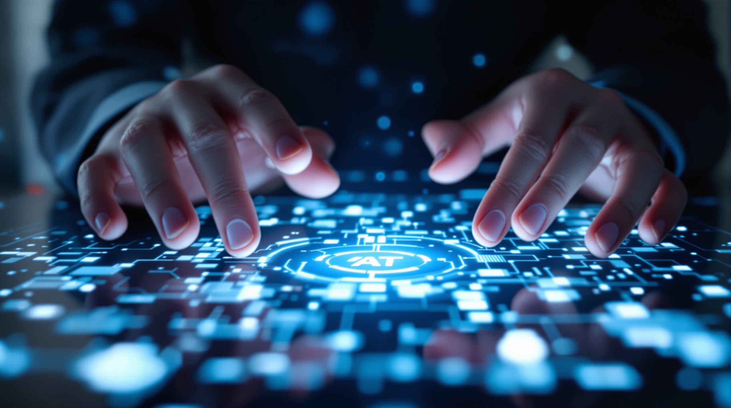 Hands hovering over digital interface with AI algorithmic patterns, showing human oversight of prompting frameworks