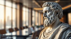 Marble bust of Aristotle in foreground with blurred modern corporate boardroom background showing business ethics concept