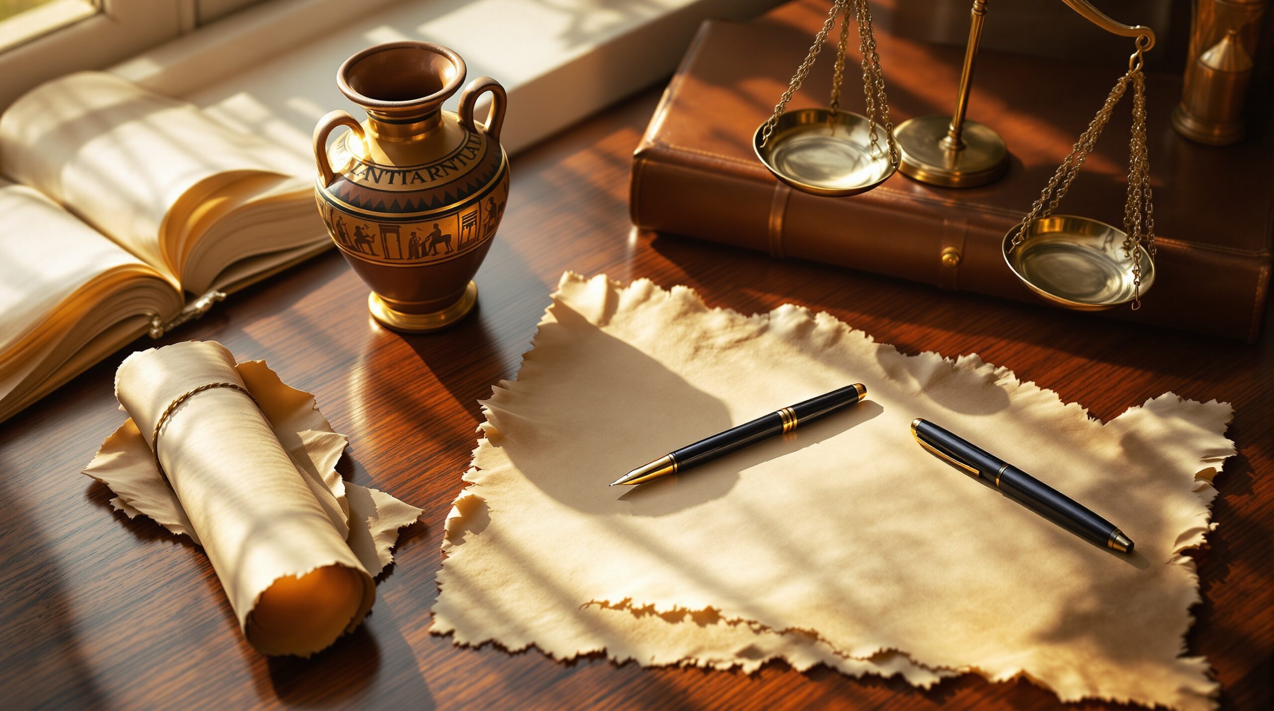 Ancient Greek scroll and scales of justice with modern business items on mahogany desk representing ethics in business