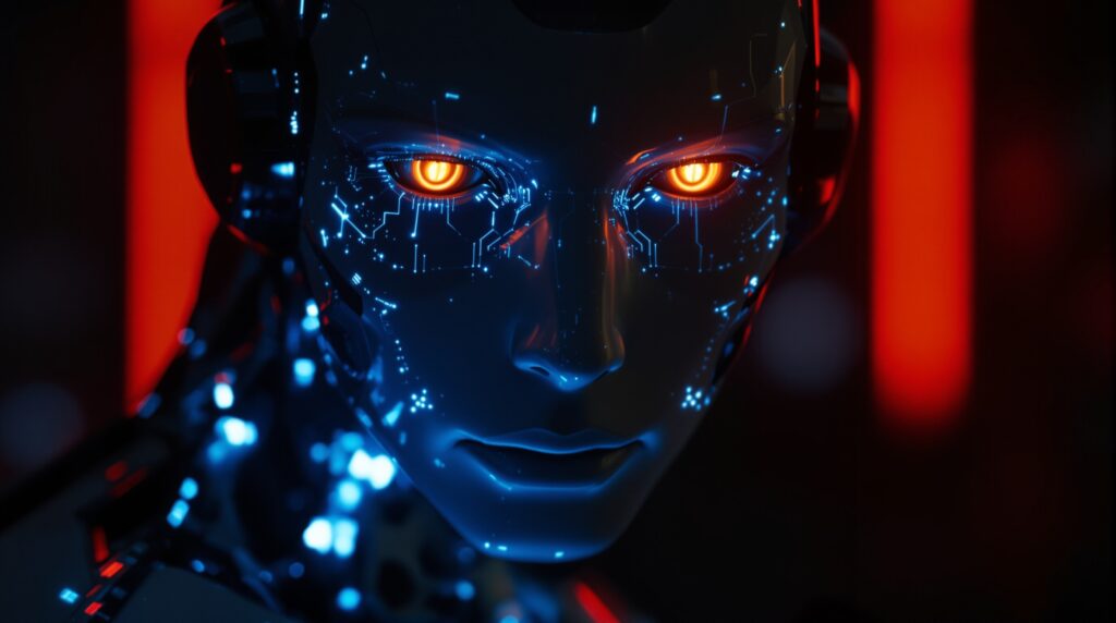 Humanoid robot with glowing blue circuits and amber eyes in dramatic lighting, representing AI ethical concerns