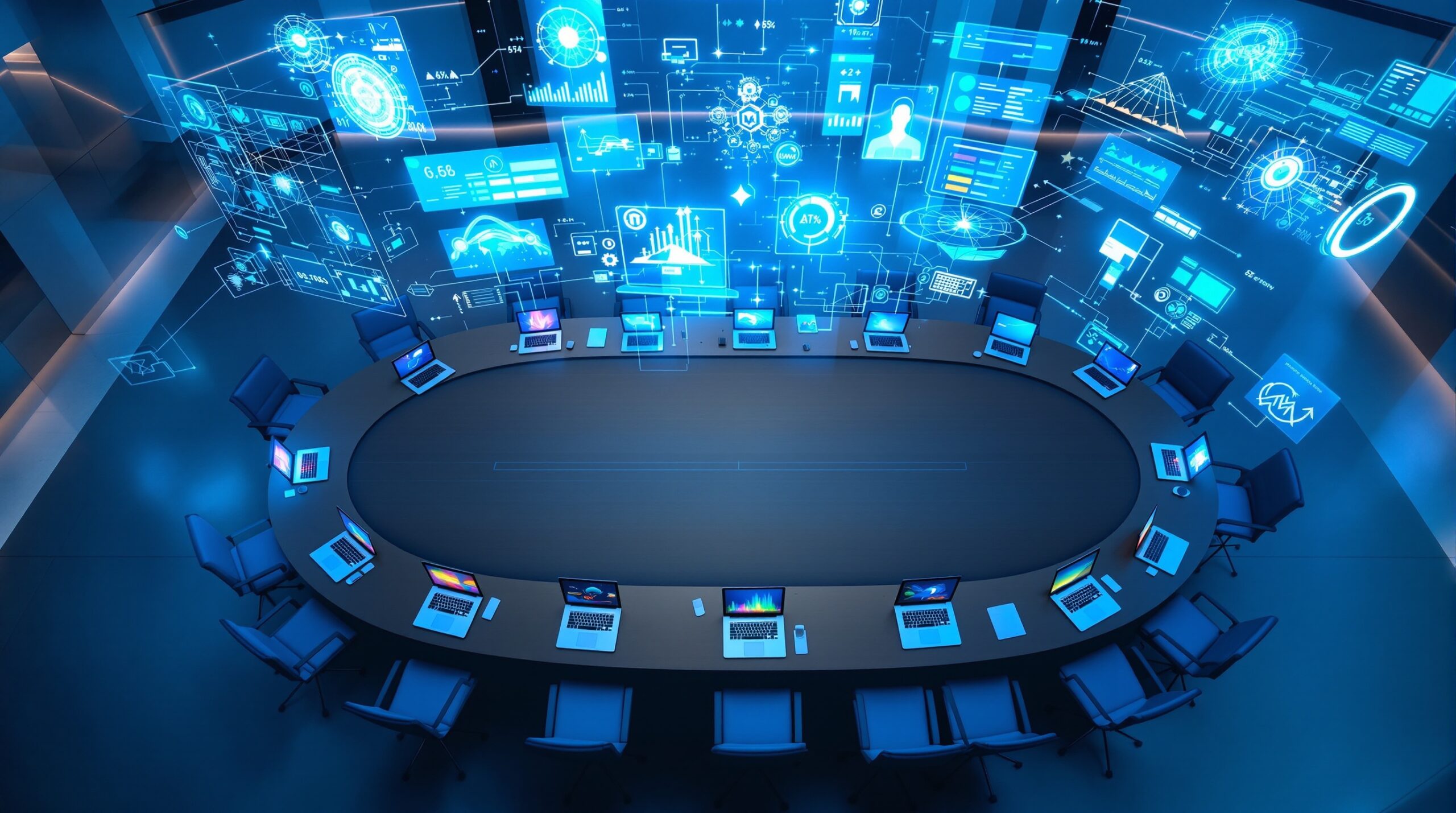 Empty corporate boardroom with laptops showing AI interfaces and holographic neural networks floating above conference table