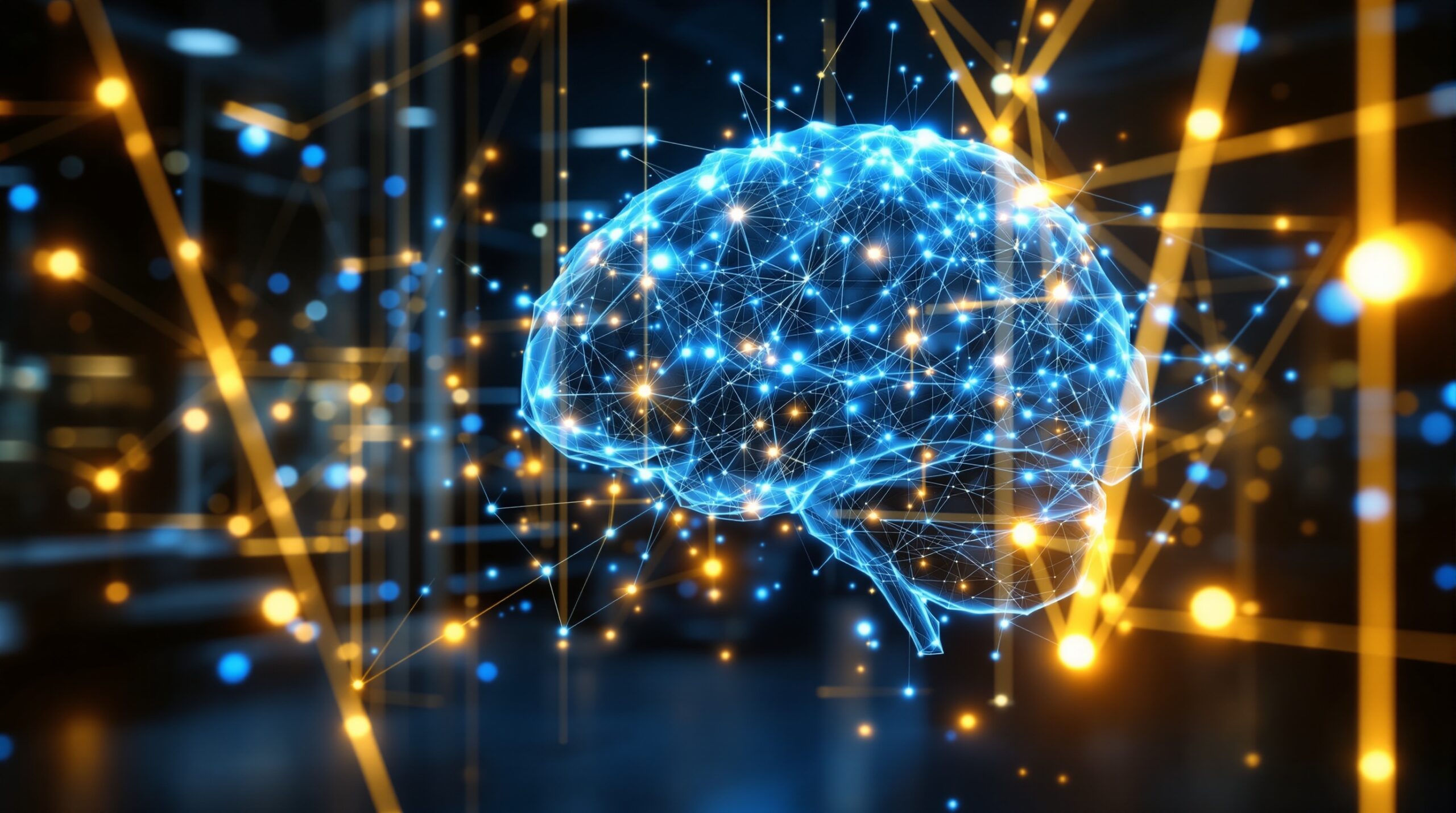 AI neural network with blue nodes and golden ethical barrier shields representing responsible AI agent prompting guardrails