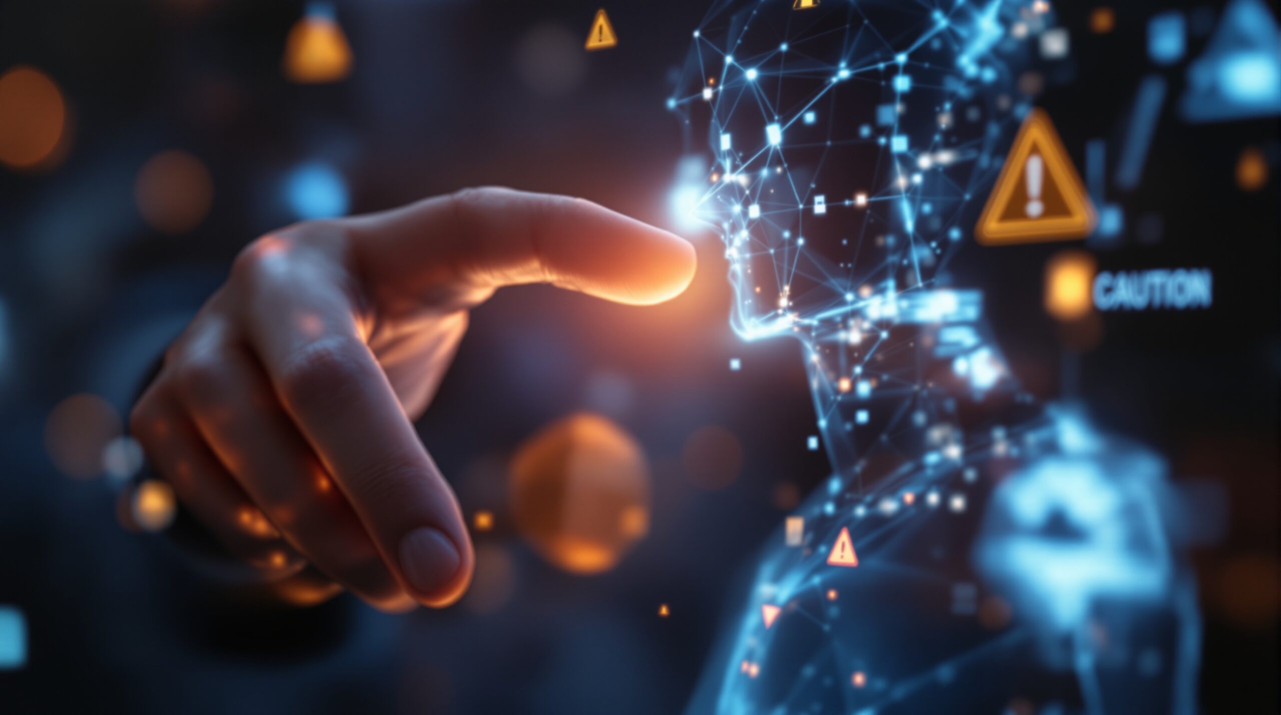 Human hand reaching toward holographic AI agent with warning symbols, illustrating need for ethical AI prompting guardrails