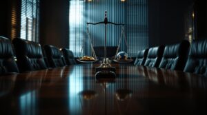 Corporate boardroom with balance scale on table weighing golden coins against globe, symbolizing ethics in business decisions
