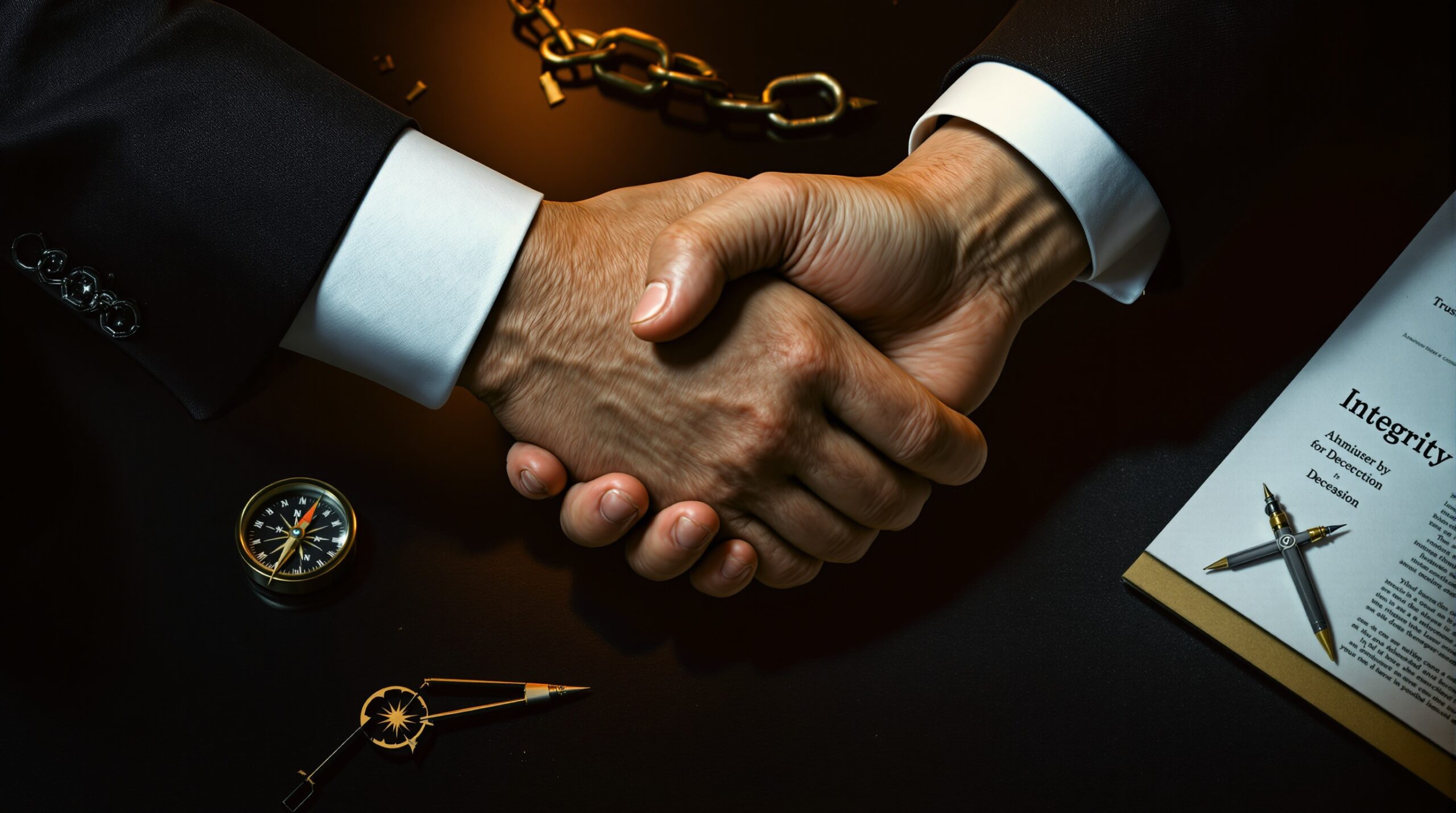 Business handshake with one person's fingers crossed behind back, symbolizing deception in corporate ethics