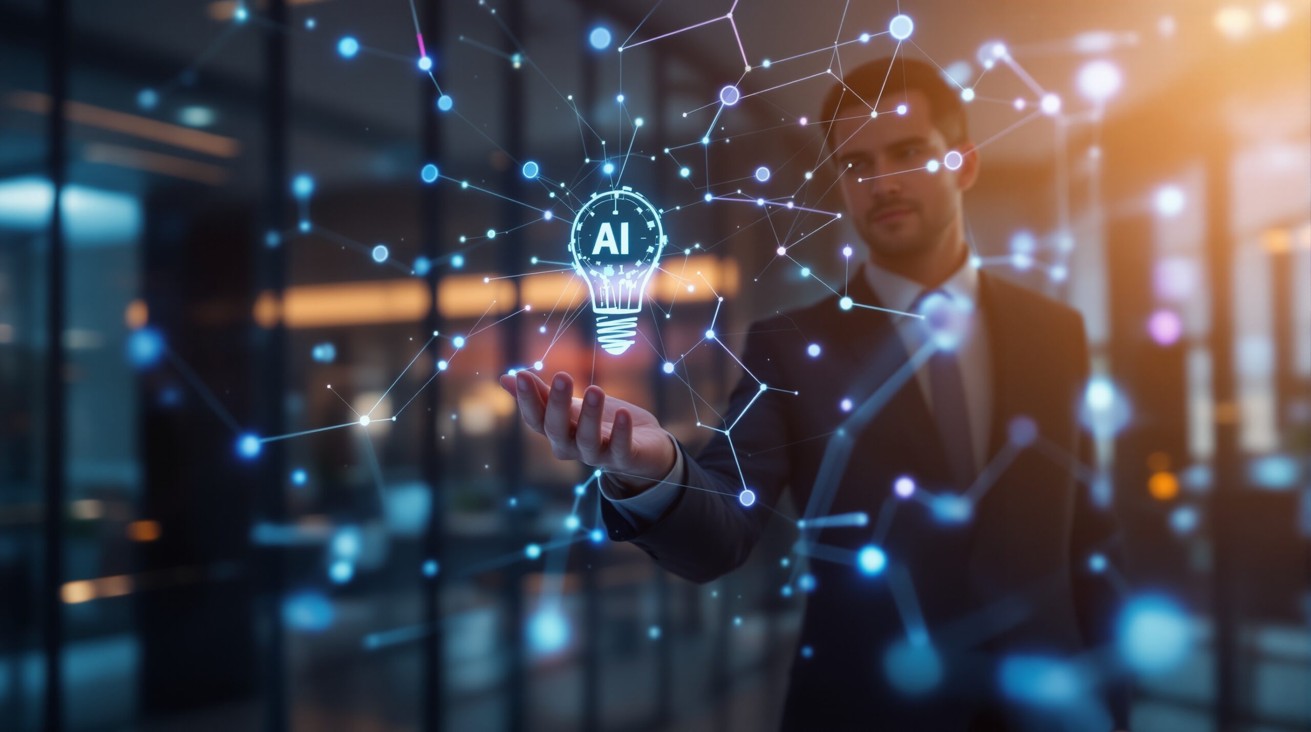 Business leader interacting with holographic AI interface in modern office, showing ethical AI agent prompting