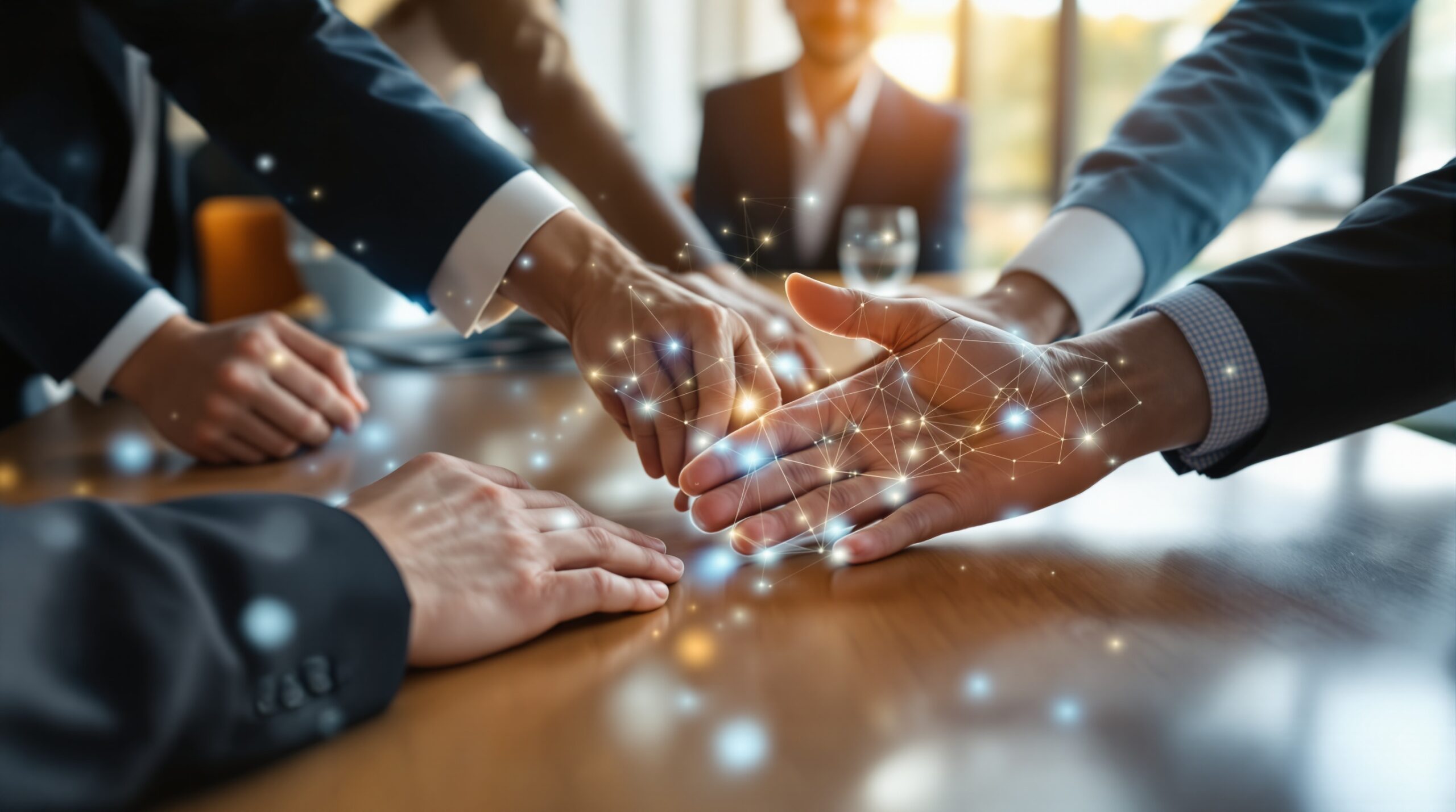 Diverse business professionals' hands around conference table with holographic AI agent light patterns, suggesting ethical collaboration