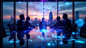 Corporate executives in silhouette around conference table with holographic AI neural networks, depicting AI ethics concerns