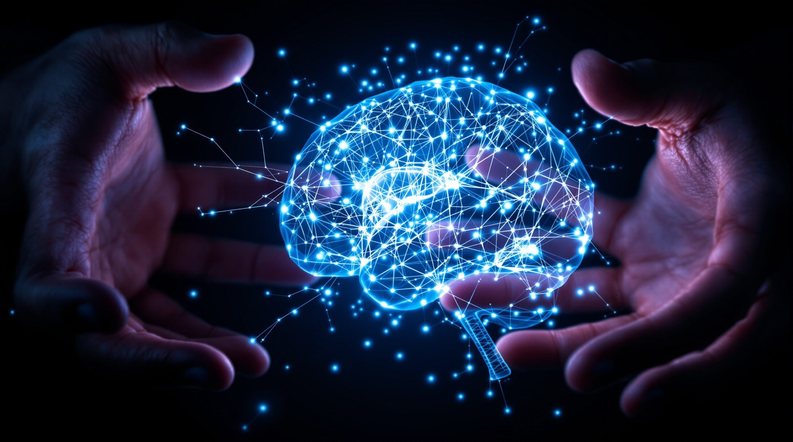 Human hands hesitantly reaching toward a glowing AI brain made of light circuits, illustrating AI ethics concerns