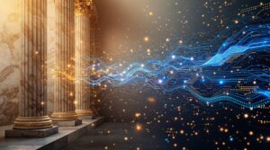 Ancient marble columns and scrolls blending with digital circuits and data streams, symbolizing AI governance and ethics