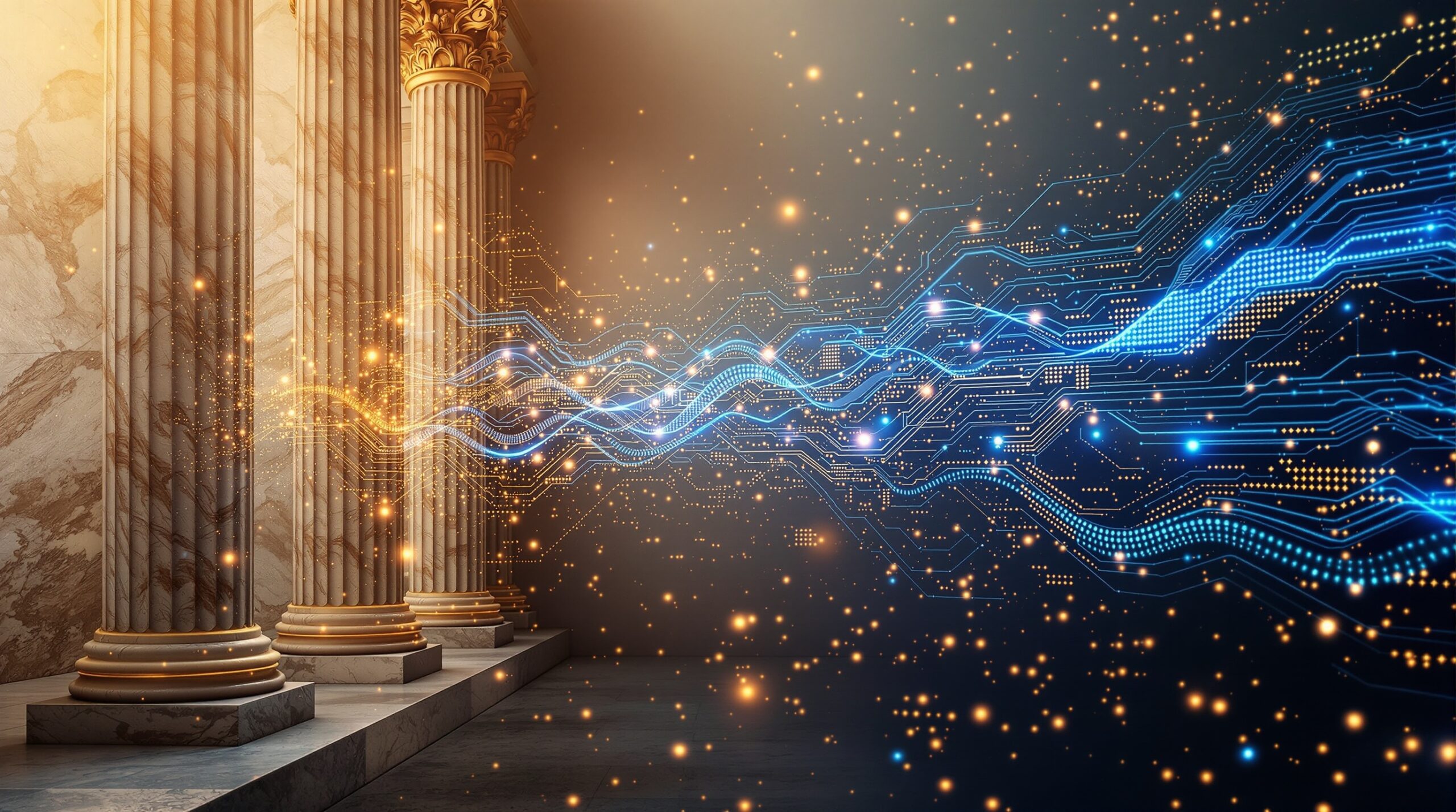 Ancient marble columns and scrolls blending with digital circuits and data streams, symbolizing AI governance and ethics