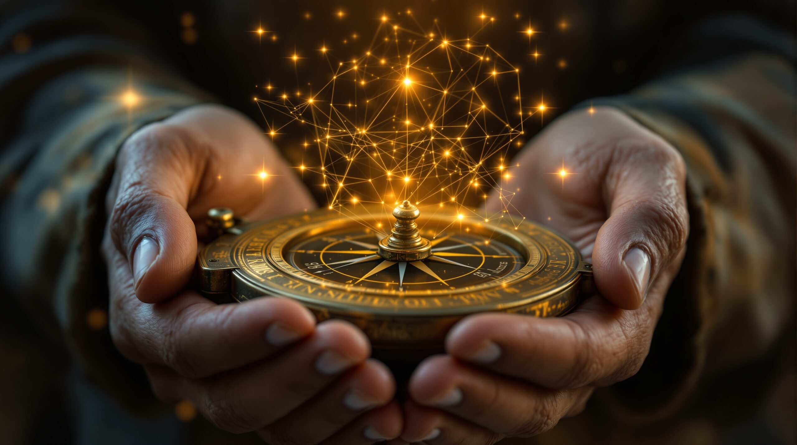Weathered hands holding ancient compass with holographic AI neural network patterns above, symbolizing wisdom in technology