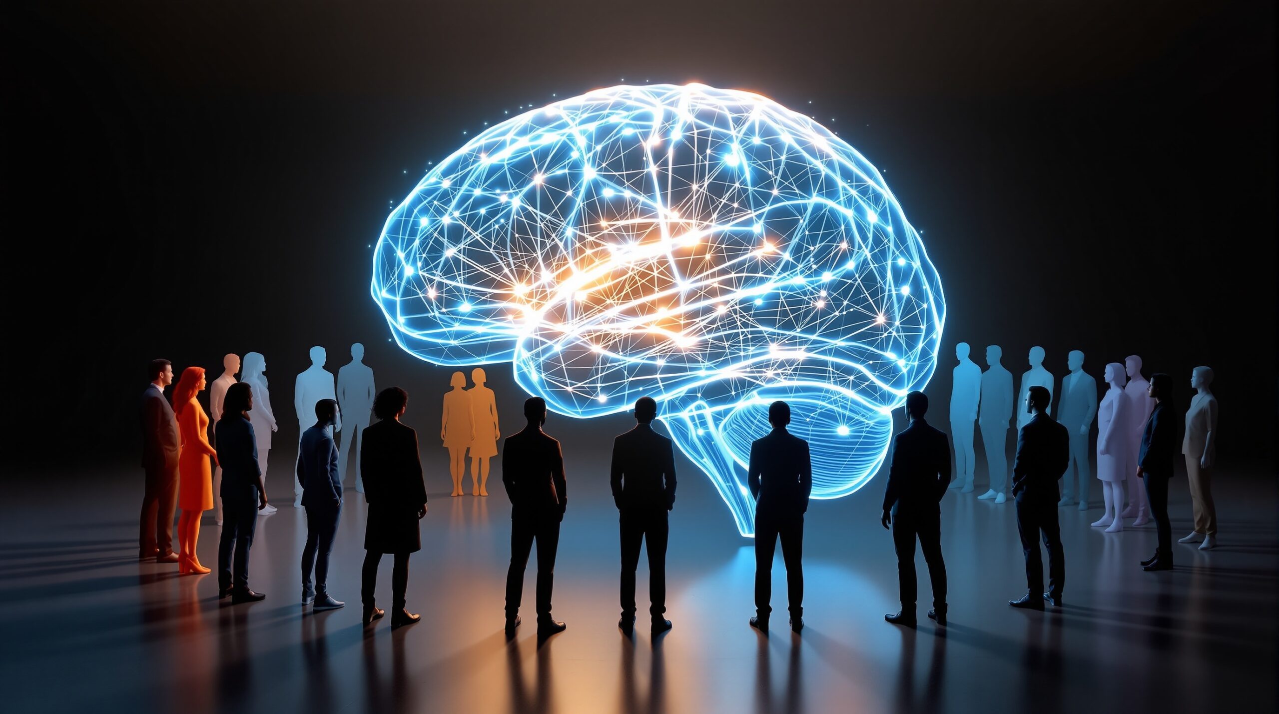 Diverse people surrounding a glowing digital brain made of circuits, representing AI ethics and human oversight