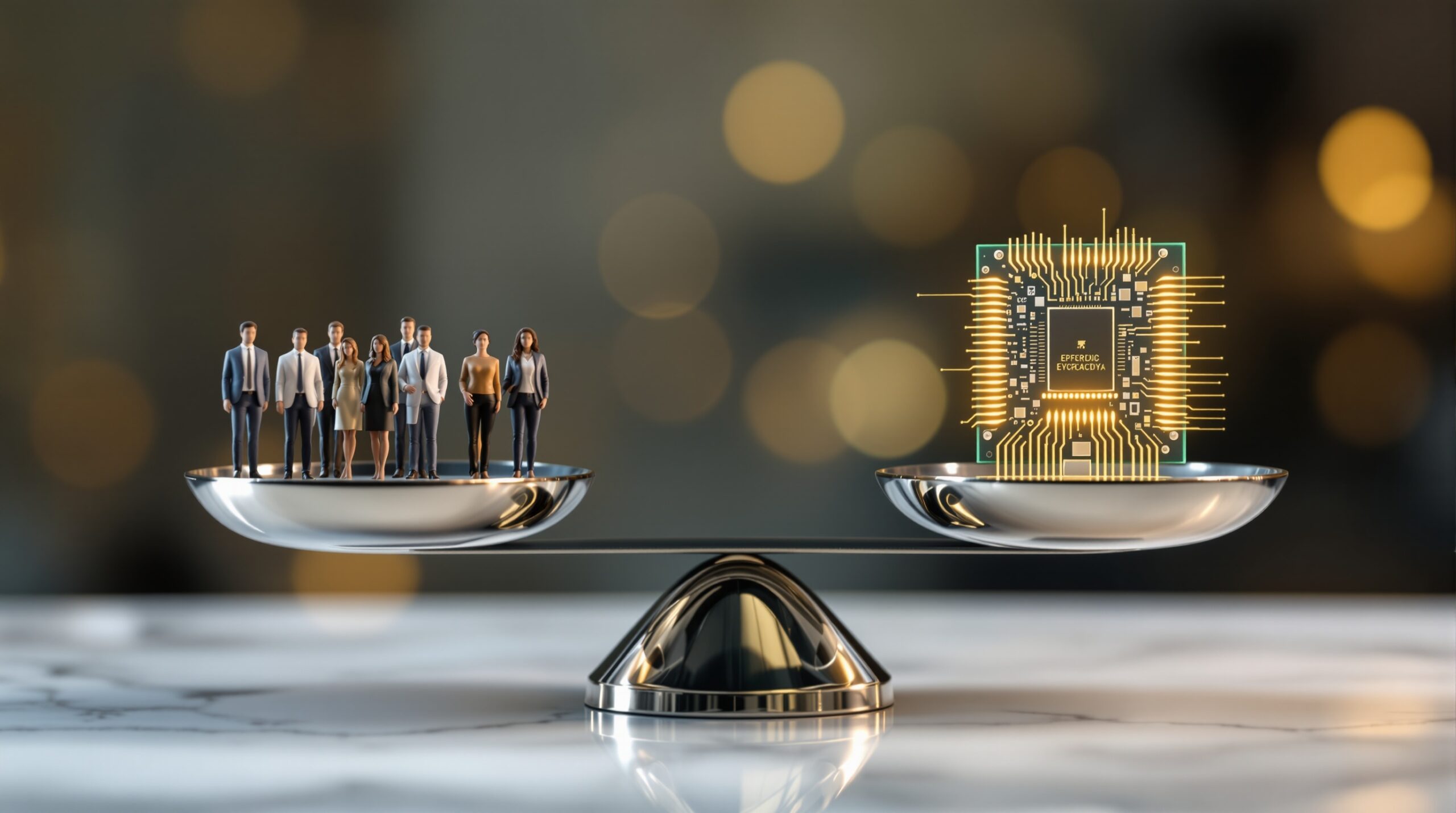 Chrome scales balancing diverse professional figurines against a glowing microchip, symbolizing AI ethics and fairness