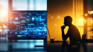 Split-screen showing AI interface with data streams on left, contemplative person with ethical symbols on right