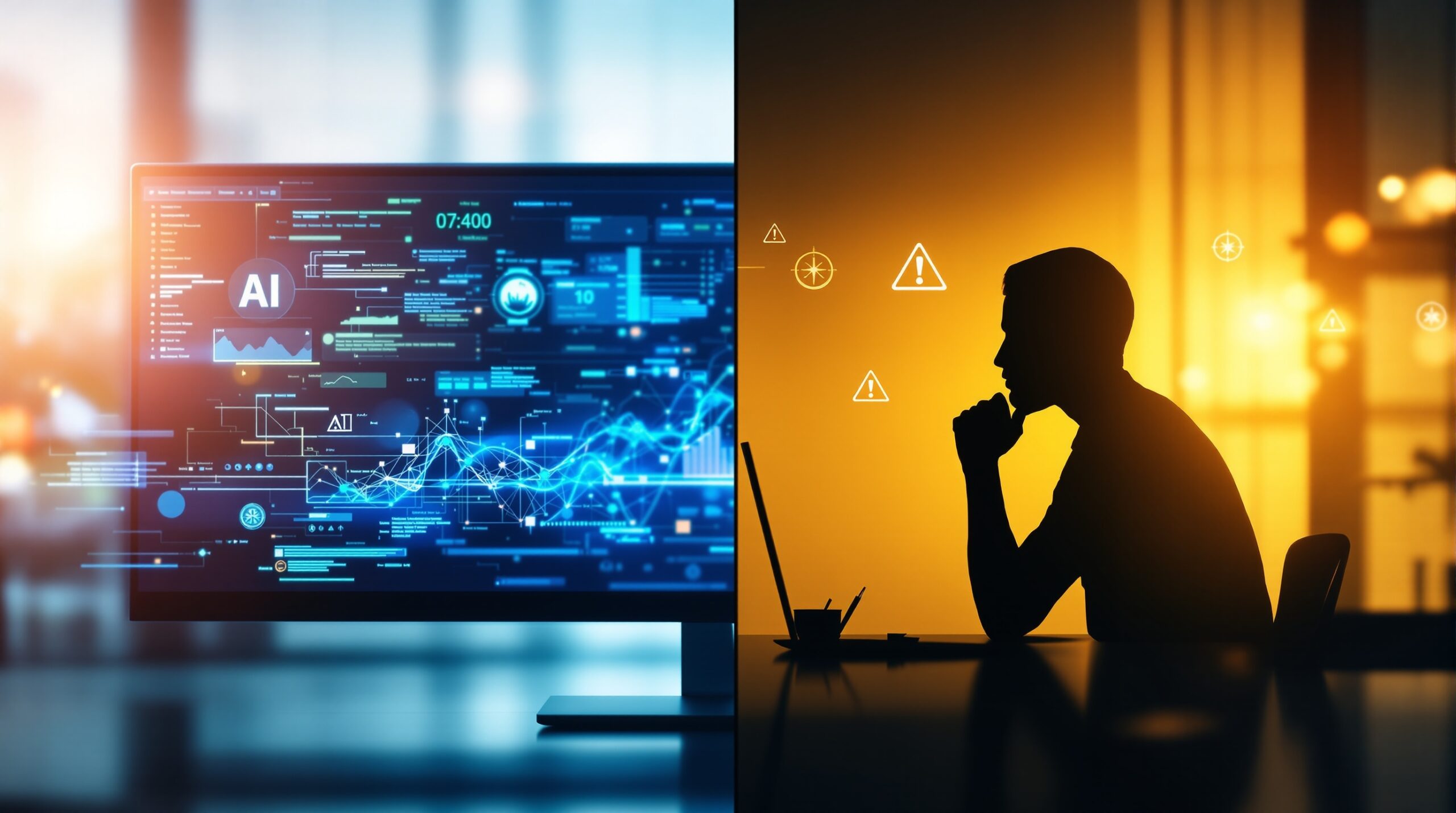 Split-screen showing AI interface with data streams on left, contemplative person with ethical symbols on right