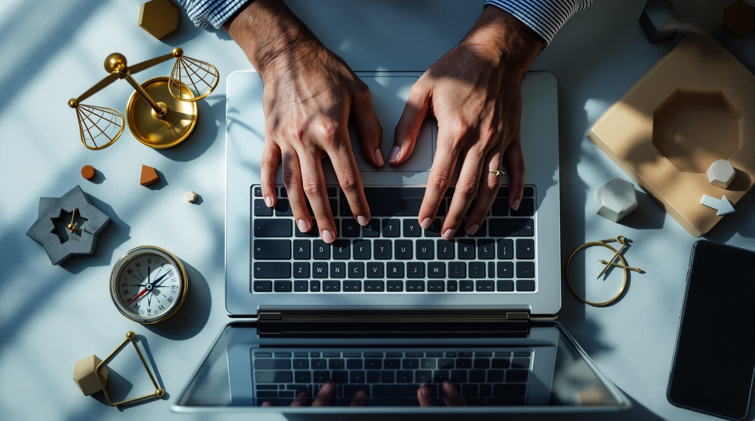Hands hesitating over laptop keyboard with ethical symbols like balance scales and compass, representing moral uncertainty